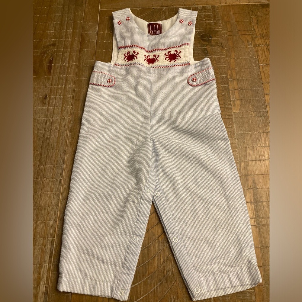 LiL Cactus Smocked crab 🦀 outfit pinstripe w/ red gingham trim EUC 2T